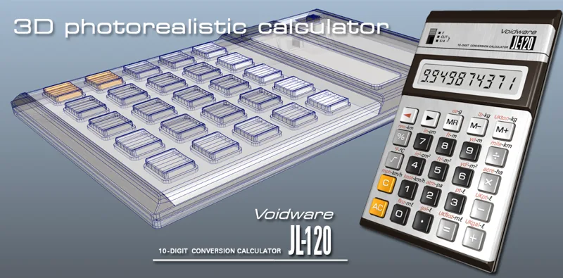 3D photorealistic calculator: the Voidware JL-120 conversion calculator rendered in 3D beside a wireframe view of the same model.