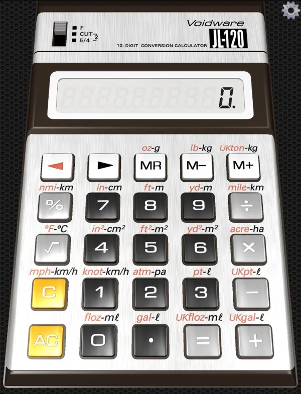 The whole calculator in tilt view: brushed steel face, mode switch top left, a wide LCD reading 0, and a keypad whose keys each carry a red conversion label.