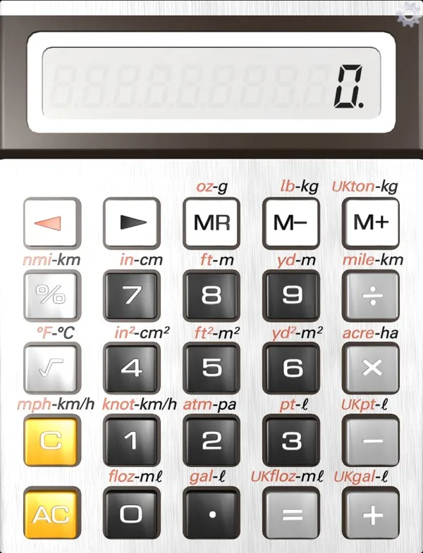 Face view, brought close to the glass: the display and the full keypad fill the screen, every conversion label clearly readable.