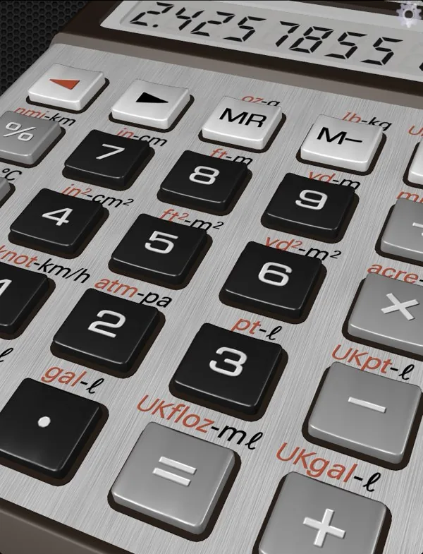 Zoomed in and tilted steeply, showing the moulded depth of the keys and a long result across the display.