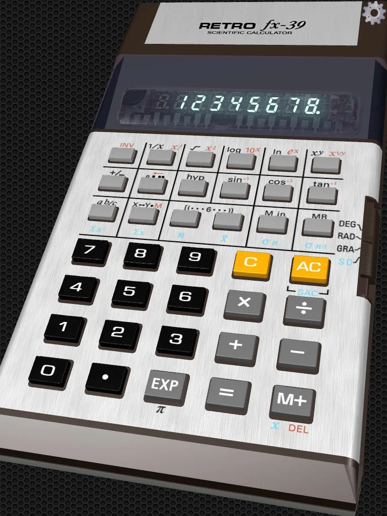 The calculator in tilt view, keypad facing the viewer, its green display reading 12345678.